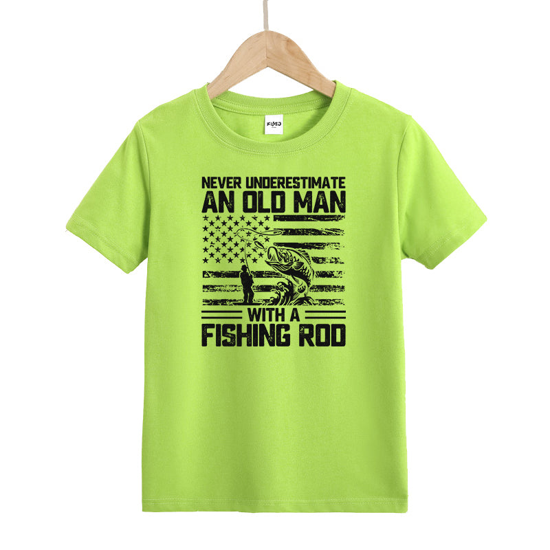 Never Underestimate An Old Man with A Fishing Rod Kids T-Shirt