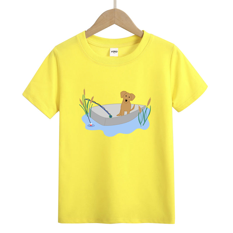 Puppy Fishing in Boat Kids T-Shirt