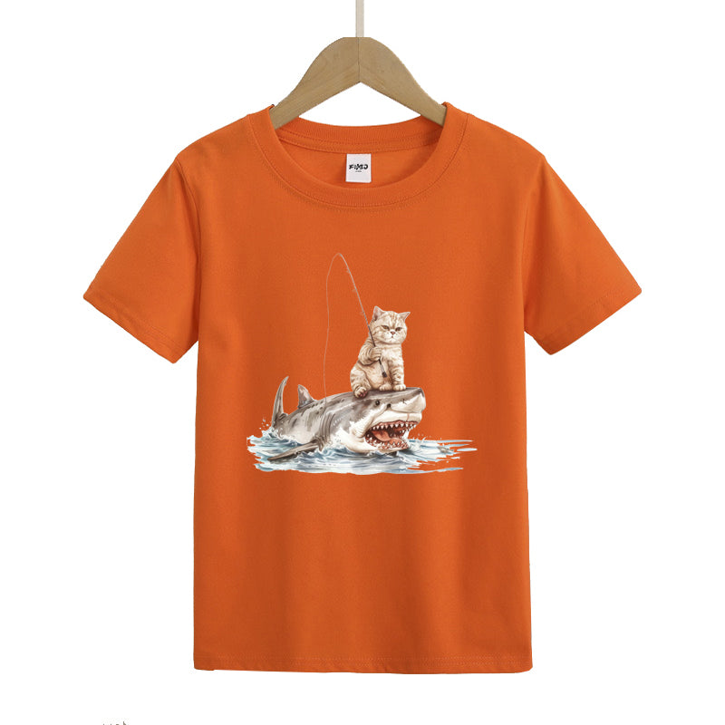 Cat Fishing on Shark Kid's T-Shirts