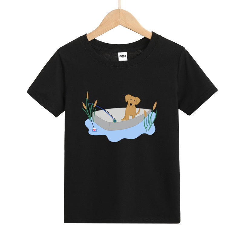 Puppy Fishing in Boat Kids T-Shirt