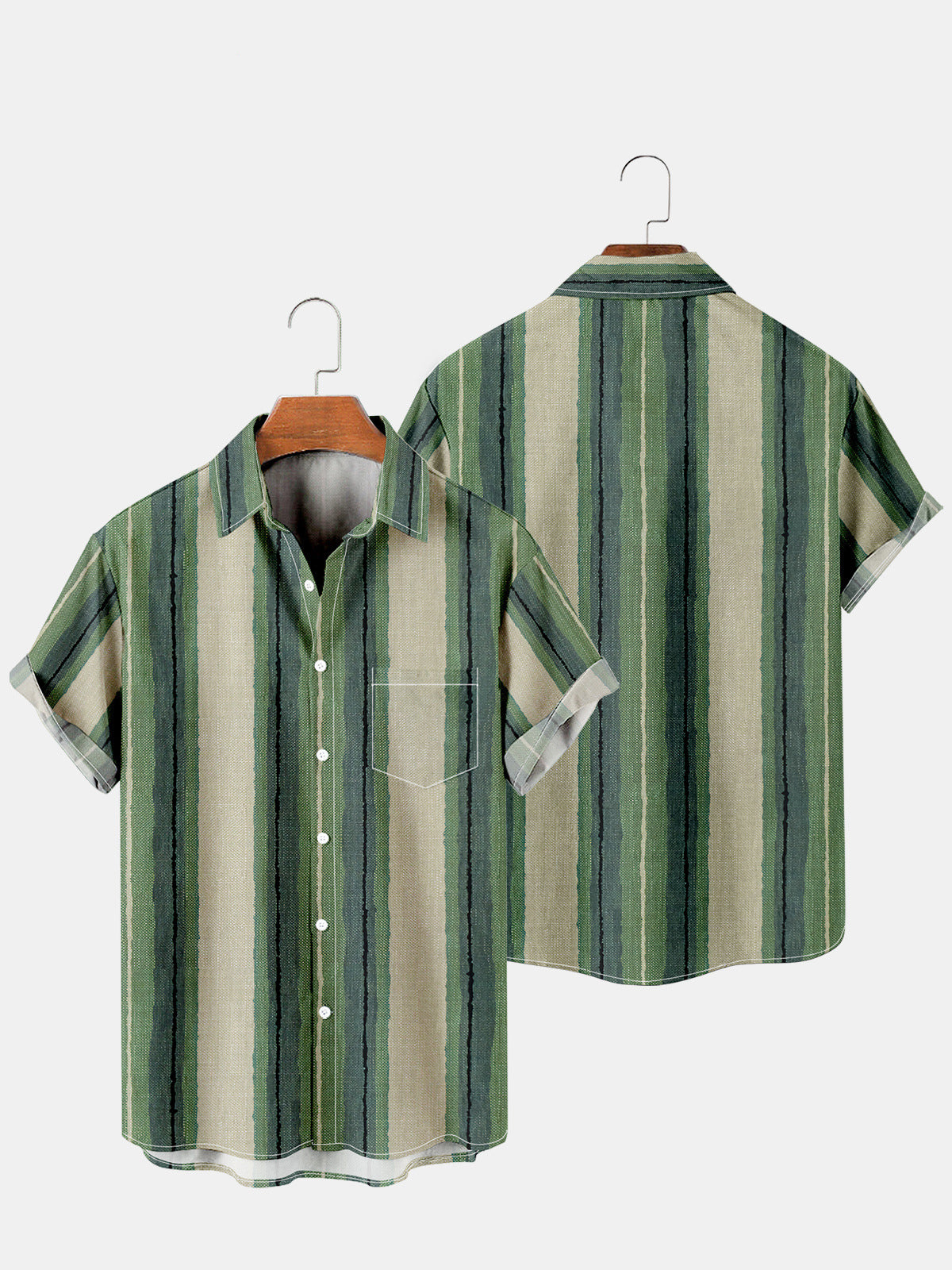 Green Vertical Stripes Holiday Style Casual Shirt for Men