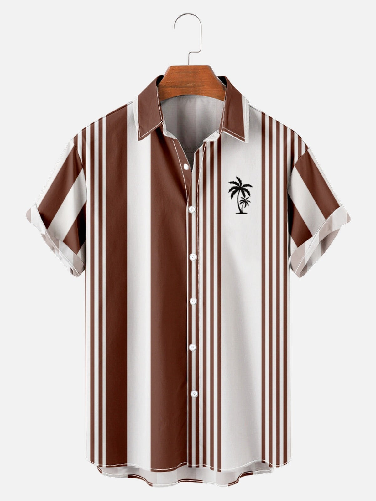 Coconut Tree Logo Solid Color Vertical Stripes Summer Casual Shirt for Men