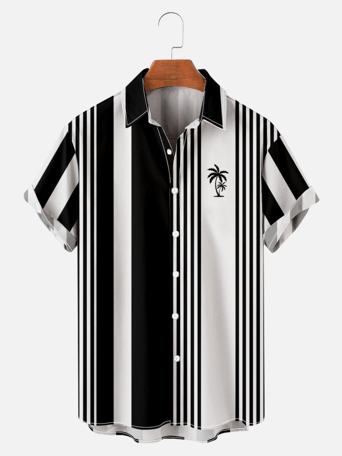 Coconut Tree Logo Solid Color Vertical Stripes Summer Casual Shirt for Men