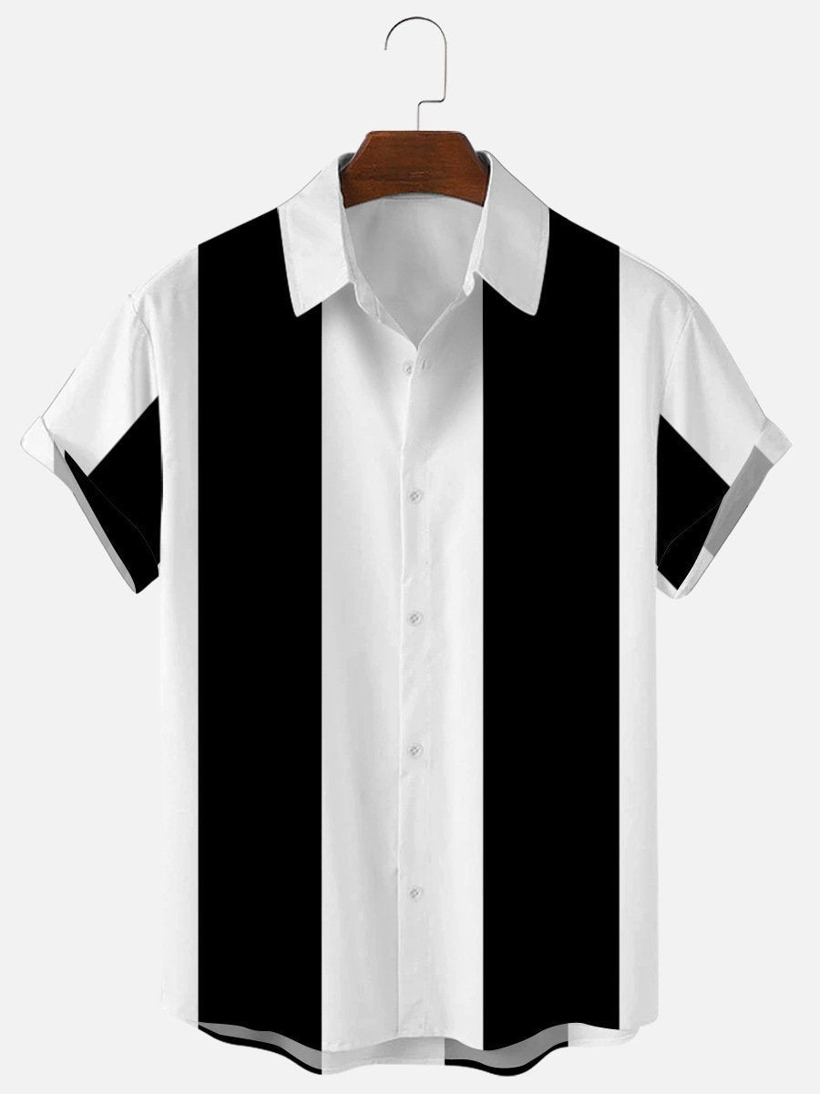 Black and White Basic Bowling Shirt for Men